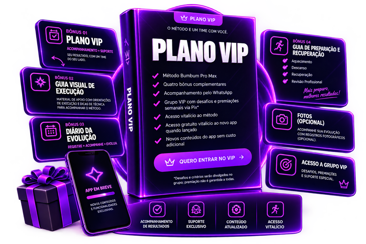 Mockup do pacote Plano VIP Bumbum Pro Max com método, bônus, acompanhamento e grupo VIP