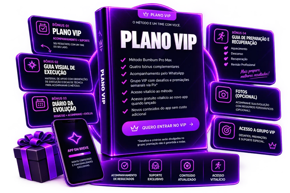Mockup do pacote Plano VIP Bumbum Pro Max com método, bônus, acompanhamento e grupo VIP